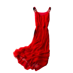 纯色桑蚕丝真丝连衣裙海边度假沙滩裙夏季新款仙气大红色长裙夏