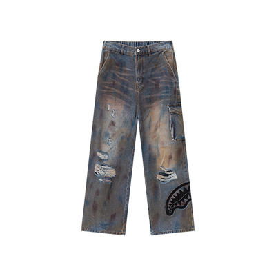 SprayGround鲨鱼嘴破洞牛仔长裤