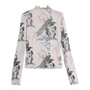 西町村屋打底衫女装秋季国风感孔雀图针织中领打底上衣EC8105001