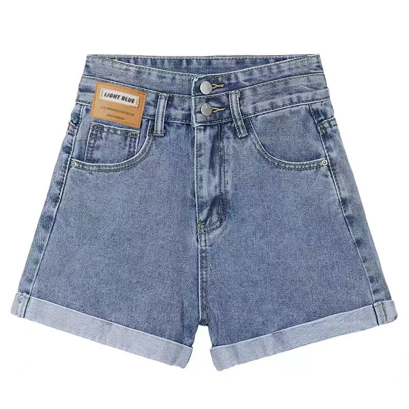 夏季新款2025牛仔短裤女高腰卷边黑色双排扣宽松显瘦阔腿纯色热裤