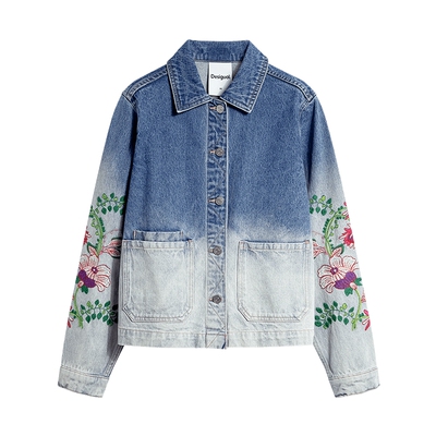 Desigual26春夏新品牛仔渐变水洗花卉刺绣夹克女式外套
