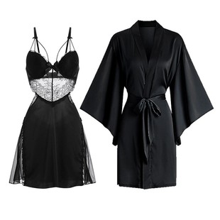 睡衣女性感高级感夏季冰丝绸蕾丝露背吊带胸垫睡裙长袖两件套薄款