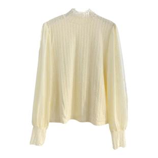 气质半高领蕾丝衫加绒加厚秋冬洋气内搭打底网纱灯笼袖小衫上衣杏