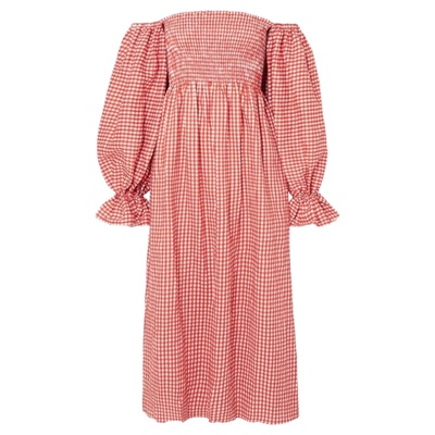 公主袖法式亚麻红格度假一字肩