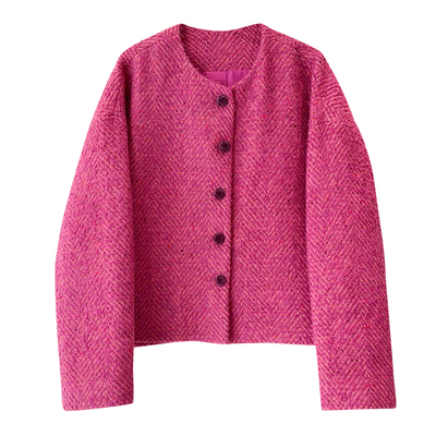 新年战袍！人字纹绵羊毛混纺花朵纽扣火龙果色小香风粗花呢外套