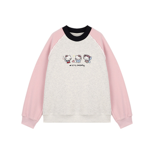 Amybaby女童上衣冬季2025新款KT猫拼接插肩袖加绒卡通刺绣卫衣