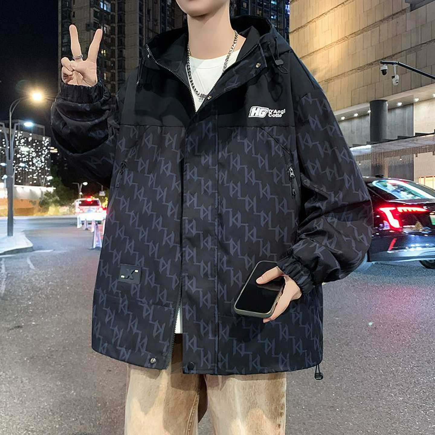 男士外套加绒连帽夹克休闲秋冬帅气潮流时尚学生青少年男生冲锋衣