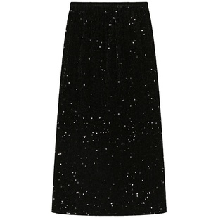 今屿花花 高腰黑色亮片半身裙女秋冬2024新款长裙直筒裙冬季裙子