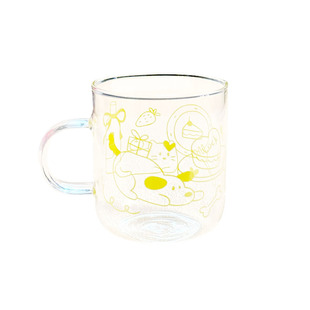 半刻岛原创350ML高级家商用冷热饮杯子黄色涂鸦卡通把手玻璃水杯