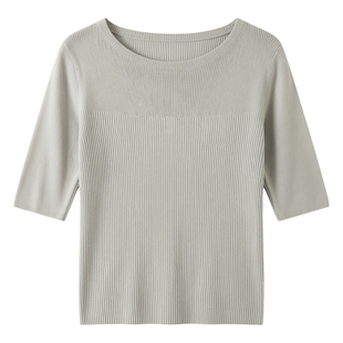 大码高级感气质中袖冰丝针织衫毛衣女一字领打底上衣T恤胖mm夏季