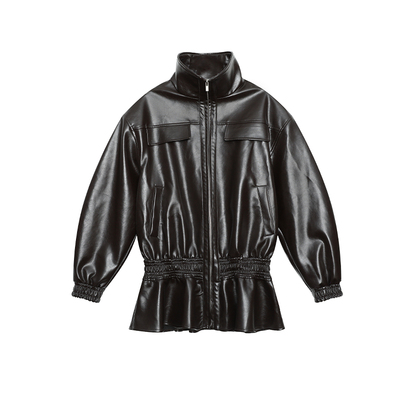 CIZZLEMORE【寄信山野】复古荷叶边收腰拉链长袖PU皮衣外套夹克