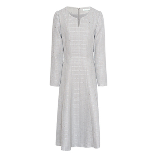 JESSIE优雅气质连衣裙细闪中长款纯色A字裙女新款长袖轻奢名媛风