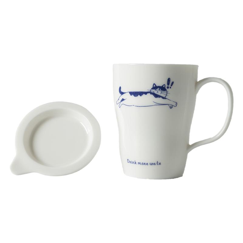 日本可爱猫咪高级简洁马克杯带盖陶瓷杯家用办公水杯咖啡杯早餐杯