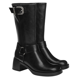 CHARLES&KEITH春季女靴CK1-90920152皮带扣圆头骑士靴粗跟中筒靴