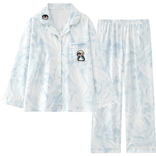 小企鹅带胸垫一体睡衣女款春秋冬季纯棉长袖防凸点夏天居家服套装