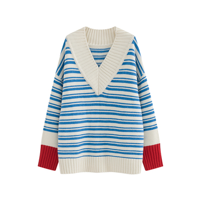 MOERSHOP复古大V领红蓝羊毛毛衣