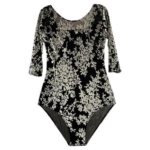芭蕾舞蹈练功服形体服圆领长袖成人丝绒烧花体操服连体紧身衣白色