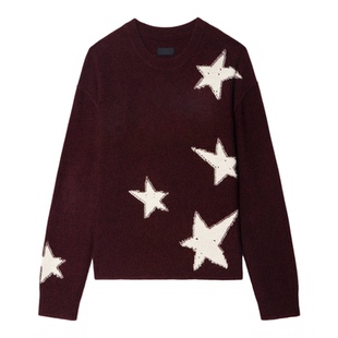 25秋冬新款法国小众ZV星星手工挂毛撞色羊绒针织衫圆领女士毛衣衫