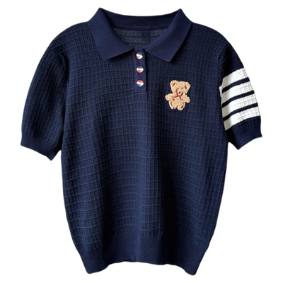 DDXZ夕子杠条小熊针织polo领上衣