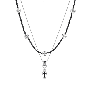 双层叠戴十字架圆环钛钢项链女款鸢尾花串珠毛衣链锁骨链秋冬配饰