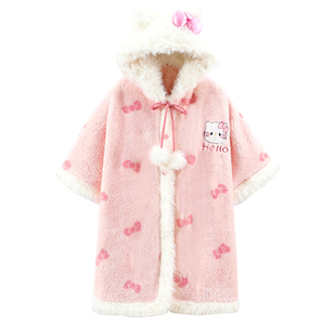 珊瑚绒斗篷睡袍女童冬季加厚长款睡裙可爱连帽kt猫女孩初中生睡衣