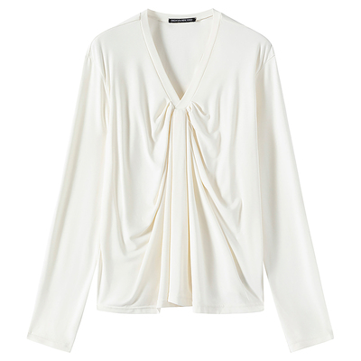 V领不规则褶皱长袖T恤