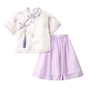 拉夏贝尔女童古风汉服套装夏2024大童新中式裙子女孩国风两件套