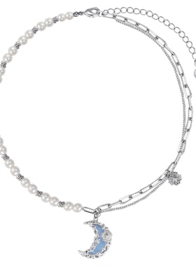 蓝色肌理月亮吊坠珍珠项链