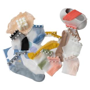 珍珠边袜子女中筒短袜夏天薄款蕾丝花边网红夏季水晶袜短筒玻璃丝