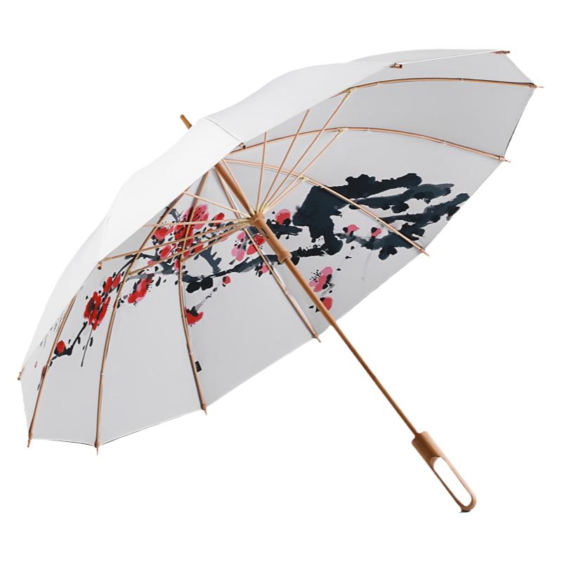天堂伞国风晴雨两用伞女双层伞布黑胶长柄伞古典竹骨墨梅直柄伞