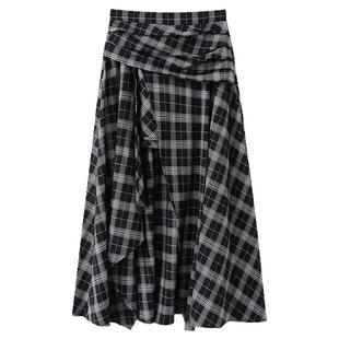 【清仓秒杀】秋韩系气质裙子小个子小众设计感不规则黑格半身裙女