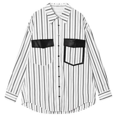 拼色竖条纹宽松长袖衬衫
