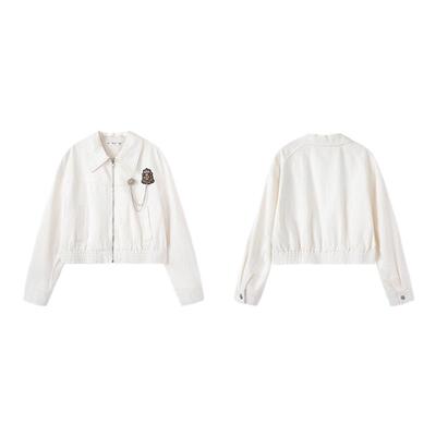 PIT复古简约100%棉白色牛仔短款外套显瘦2025新款百搭女士外衣