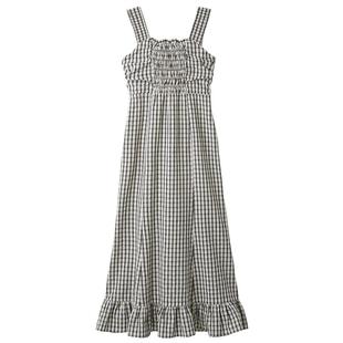 LILY BROWN春夏款优雅格纹荷叶边吊带高腰连衣裙LWFO252099