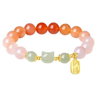 天然和田玉渐变绯红玛瑙手串轻奢国风生日送女友S925银小福猫手串