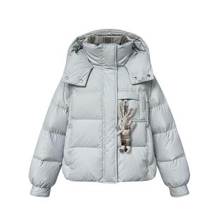 紫涵短款连帽羽绒服女2025年冬季新款撞色格纹小个子立领鸭绒外套