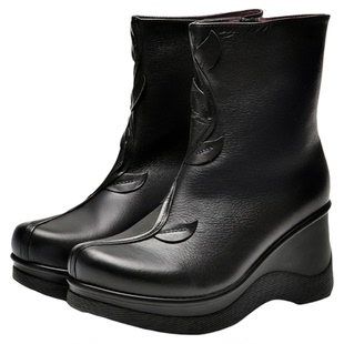 一席之地女鞋妈妈靴秋冬真皮坡跟中筒靴女厚底花瓣短靴中老年女靴