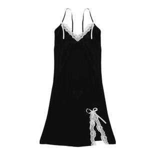 郑大嘻~性感蕾丝吊带裙开叉夏季纯欲睡衣睡裙v领修身高级感纯欲风