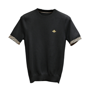 欧洲站潮牌刺绣针织短袖毛衣男秋冬季保暖修身轻奢简约羊毛打底衫