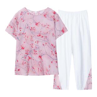 妈妈棉绸睡衣女中老年人造棉夏季棉麻短袖套装大码两件套家居服薄