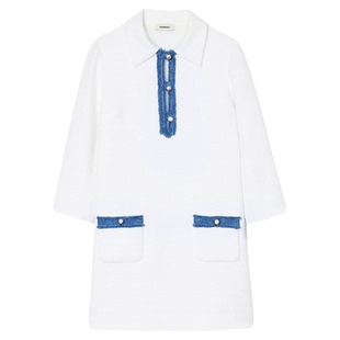 SANDRO Outlets秋冬女装法式白色polo领珠型纽扣短款针织连衣裙