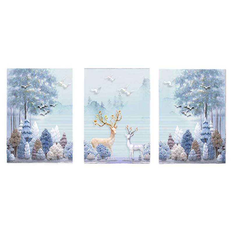 钻石画三联画发财鹿半贴钻十字绣