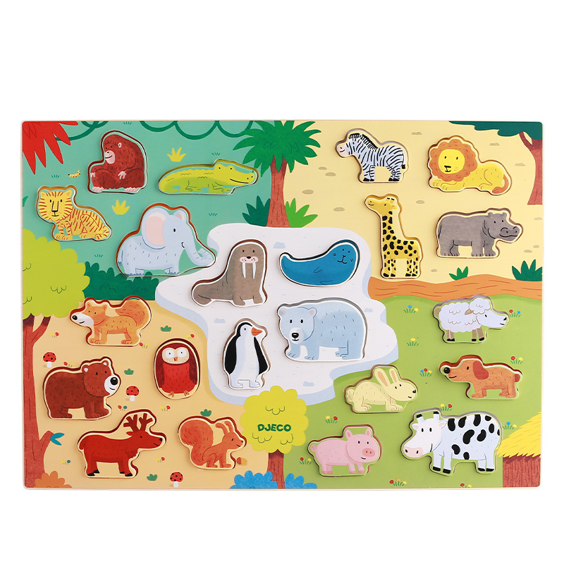Djeco动物园木质拼图立体大块嵌入式嵌板动物1-2岁宝宝益智玩具