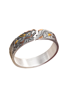 足银999云龙之约重工手镯男纯银镶金开口镯子复古国风银镯送男友