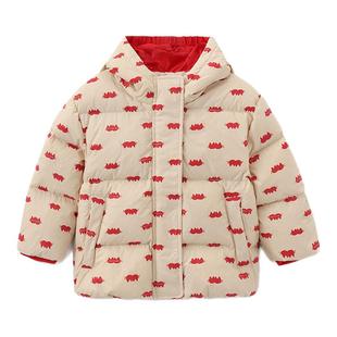 moimoln小云朵童装25年冬季新款男女童外套连帽羽绒服满印保暖