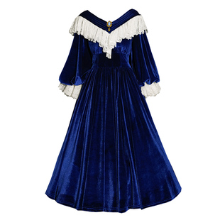 弥爱原创《蓝调月光》宫廷复古vintage风丝绒蕾丝束腰礼服连衣裙