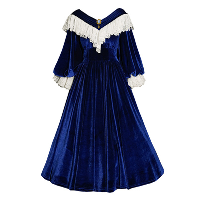 宫廷复古丝绒蕾丝束腰礼服连衣裙