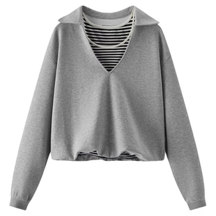 森马卫衣女春短款宽松翻领假两件条纹2026新款商场同款森柔上衣