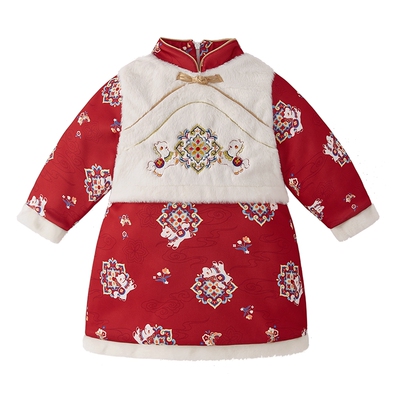 唐装女童连衣裙儿童礼服冬装中国风红色周岁裙子宝宝夹棉汉服冬季