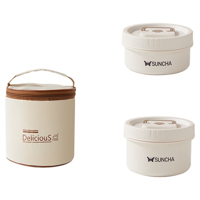 双枪圆形316不锈钢分格饭盒2件套（400m1+600ml+饭包）